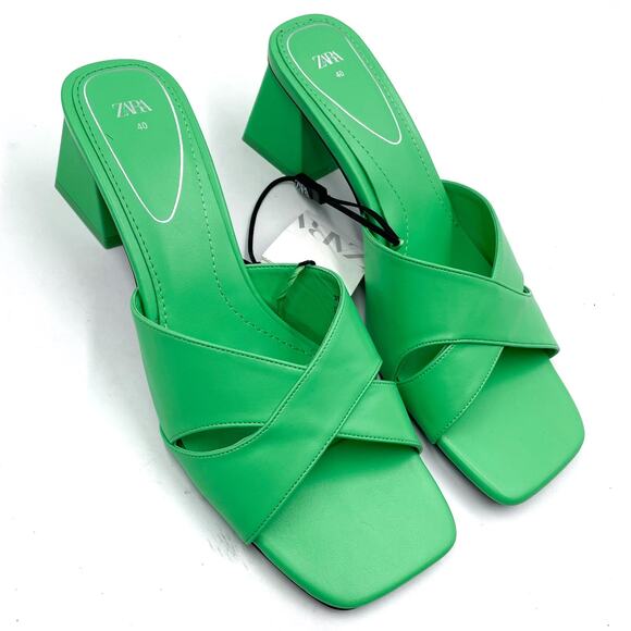 Zara‎ Sandals Green Criss Cross Mules Square Toe Block Heel Sz 40 / 9.5 - Picture 1 of 8